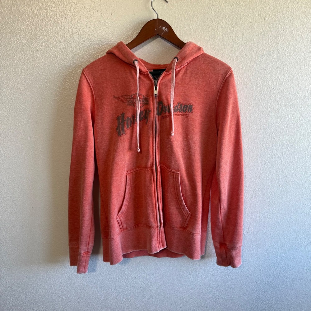 Harley Davidson Women's Medium Coral Orange Pink Fleece Graphic Hoodie Biker